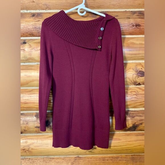 Style & Co. Sweaters - Style & Co. Tunic Length Burgundy Sweater with Angled Flap Collar Medium